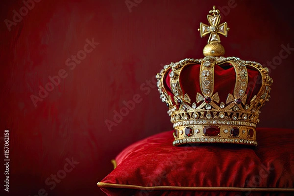 Fototapeta Fantastic beautiful king or queen crown from vivid gold material for coronation, abstract vivid composition consists of fictional unreal fantastic vision on background