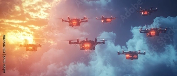 Fototapeta Floating cloud server surrounded by AIdriven drones for security monitoring, cloud protection concept