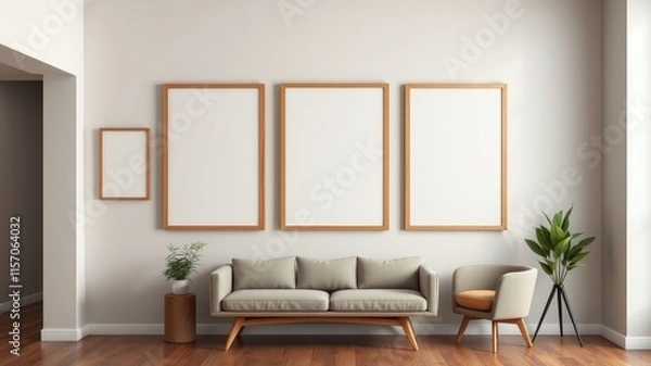 Fototapeta Modern minimalist living room interior with empty frames and neutral toned furniture