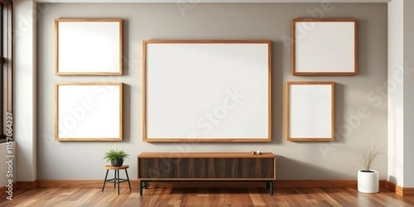 Fototapeta Modern Minimalist Gallery Wall with Blank Frames and Mid-Century Modern Cabinet