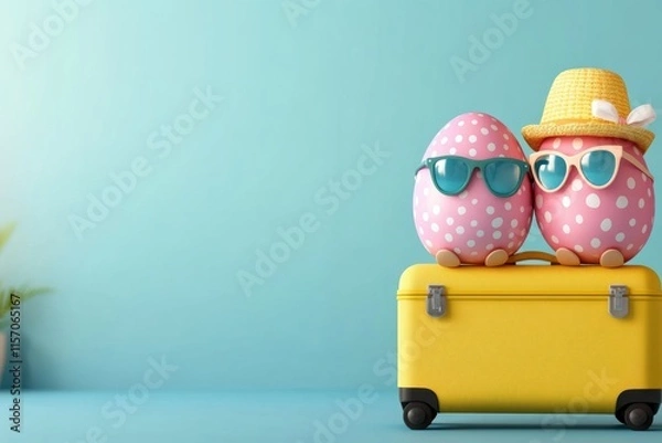 Fototapeta Two cheerful Easter eggs are fully prepared and excitedly looking forward to their upcoming vacation during the vibrant and festive holiday season, filled with joy and bright decorations