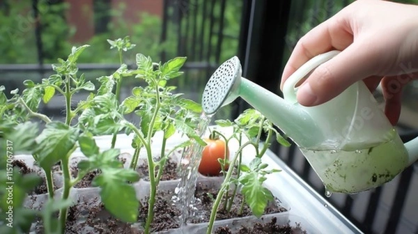 Obraz A hand watering tomato plants in a small garden setting.