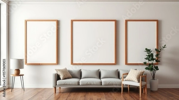 Fototapeta Modern Minimalist Living Room with Blank Frames and Sofa