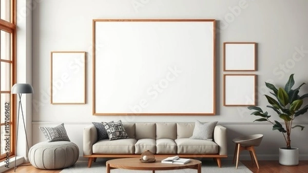 Fototapeta Modern living room interior design with blank frames and neutral color palette