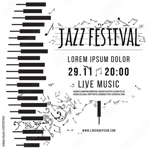 Obraz Jazz music festival, poster background template. keyboard with music notes. vector