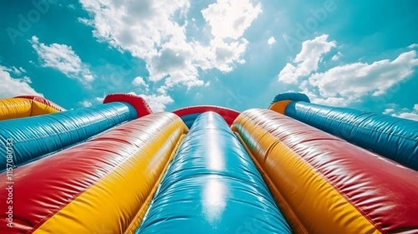 Fototapeta Colorful inflatable bounce castle dominates the scene against a bright blue sky with puffy white clouds, featuring bright primary colors of yellow, red, blue and green, photographed from a low angle
