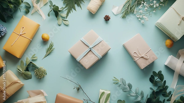 Fototapeta Creative Flat Lay of Eco-Friendly Packaging with Paper Wraps, Reusable Boxes, and Recycled Materials for Promoting Sustainable Shipping Practices in a Brand Advertisement