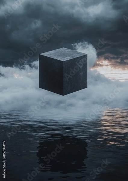 Fototapeta A cube is floating in the air above a body of water