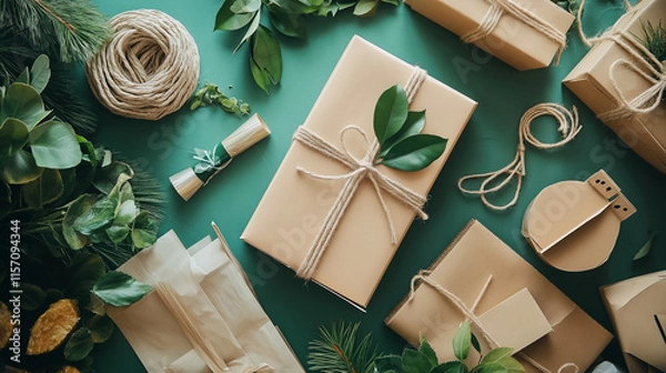 Fototapeta  Stylish Flat Lay of Eco-Friendly Packaging Featuring Paper Wraps, Reusable Boxes, and Recycled Materials for Sustainable Shipping Promotion