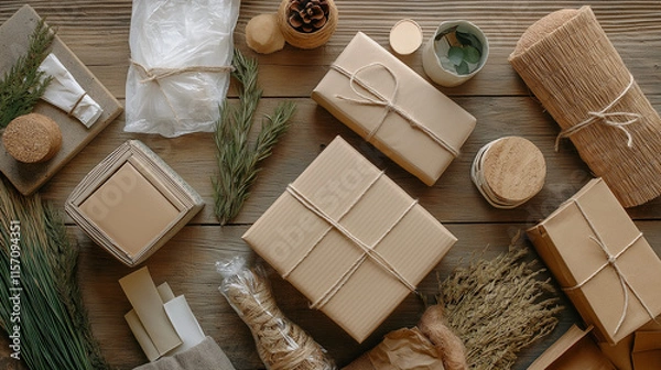Fototapeta  Stylish Flat Lay of Eco-Friendly Packaging Featuring Paper Wraps, Reusable Boxes, and Recycled Materials for Sustainable Shipping Promotion