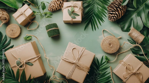 Fototapeta  Stylish Flat Lay of Eco-Friendly Packaging Featuring Paper Wraps, Reusable Boxes, and Recycled Materials for Sustainable Shipping Promotion