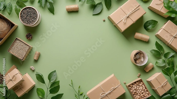 Fototapeta  Stylish Flat Lay of Eco-Friendly Packaging Featuring Paper Wraps, Reusable Boxes, and Recycled Materials for Sustainable Shipping Promotion