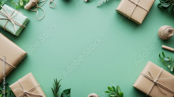 Fototapeta Creative Flat Lay of Eco-Friendly Packaging Featuring Paper Wraps, Reusable Boxes, and Recycled Materials for Sustainable Shipping Practices in a Brand Advertisement