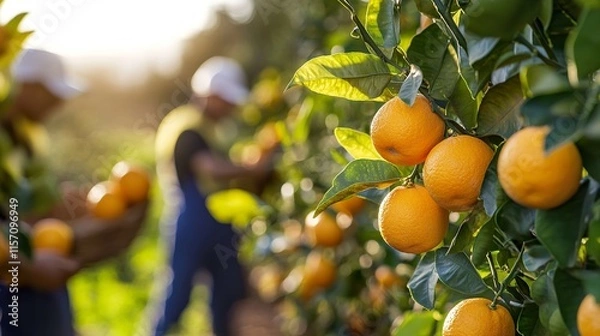 Fototapeta Workers picking ripe oranges from trees on a sunny day at a farm