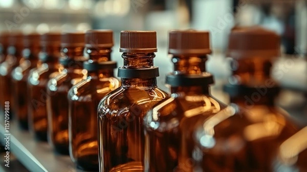 Obraz Amber glass bottles on conveyor belt in factory.