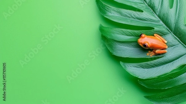 Fototapeta A lively orange frog sat on a rich green leaf, displaying intricate details against a dark, blurred background, ideal for nature-related projects and educational materials.