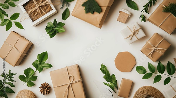 Fototapeta Creative Flat Lay of Eco-Friendly Packaging Featuring Paper Wraps, Reusable Boxes, and Recycled Materials for Sustainable Shipping Practices in a Brand Advertisement