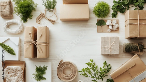 Fototapeta Creative Flat Lay of Eco-Friendly Packaging Featuring Paper Wraps, Reusable Boxes, and Recycled Materials for Sustainable Shipping Practices in a Brand Advertisement