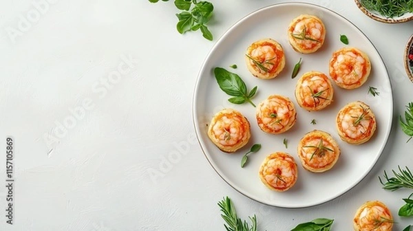 Fototapeta A beautiful flat lay of small appetizers on minimalist plates, surrounded by fresh herbs and ingredients, under perfect lighting.