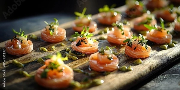Fototapeta A high-angle view of small bites arranged artistically on a wooden board, with soft lighting emphasizing the details.
