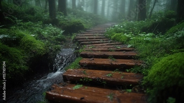 Fototapeta Misty forest path with wooden steps beside stream.