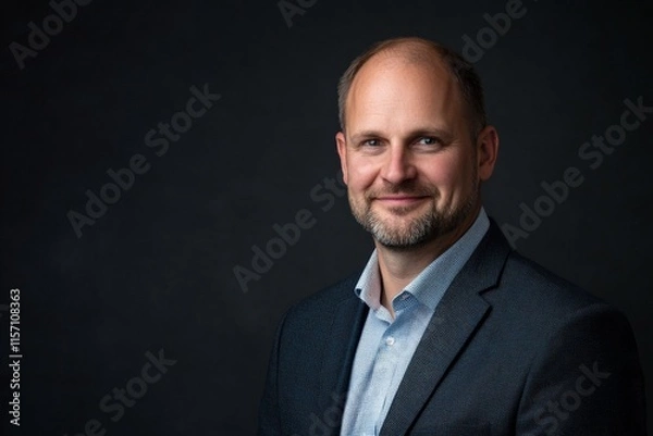 Fototapeta A confident middle-aged man with a short beard is wearing a blue suit and light blue shirt, posing against a dark background, emanating professionalism and warmth.