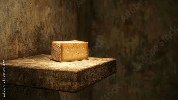 Fototapeta Solitary Cheese Block Resting on Rustic Wooden Shelf in Dimly Lit Room