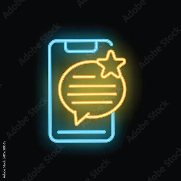 Obraz Bright neon icon of a feedback message notification with star on smartphone screen, isolated on black background