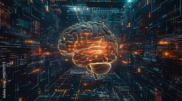 Fototapeta Digital brain in a futuristic circuit board, representing AI and neural networks.