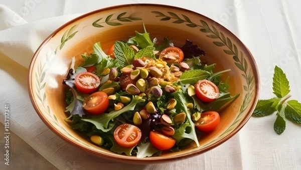 Obraz Vibrant pistachio salad with mixed greens and cherry tomatoes

