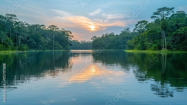 Fototapeta Serene lake at sunset, reflecting lush greenery and a colorful sky.