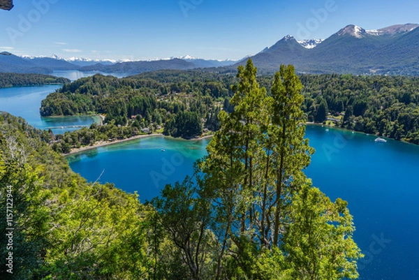Fototapeta View of the narrow port of Villa La Angostura from the viewpoint of the Arrayanes park