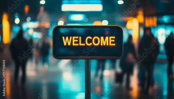 Fototapeta Welcome Sign Illuminates the Night, Greeting Visitors in a Bustling Urban Environment