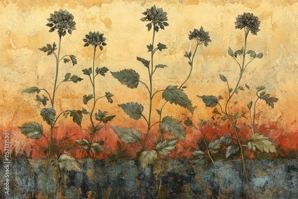 Fototapeta An artistic representation of tall flowers against a rustic background, combining elements of nature with a textured and visually captivating artistic style.