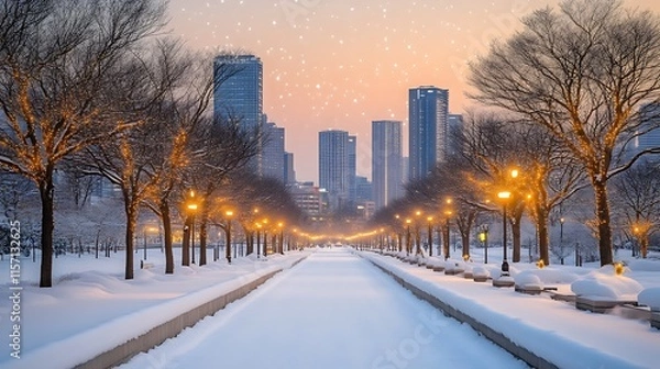 Fototapeta Snow covered city park path with illuminated trees and skyline