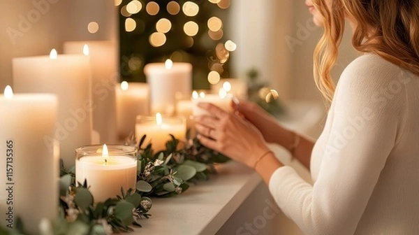 Fototapeta A woman arranging winter-themed candles and greenery on a minimalist mantelpiece