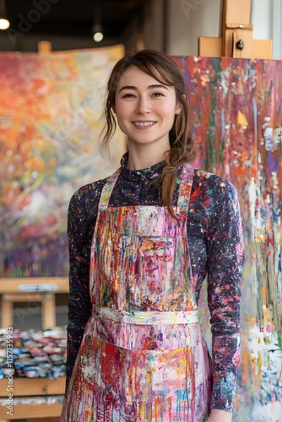 Fototapeta A smiling artist in a paint-splattered apron, standing in a vibrant art studio filled with colorful canvases and painting supplies, showcasing creativity and passion for artistic expression.
