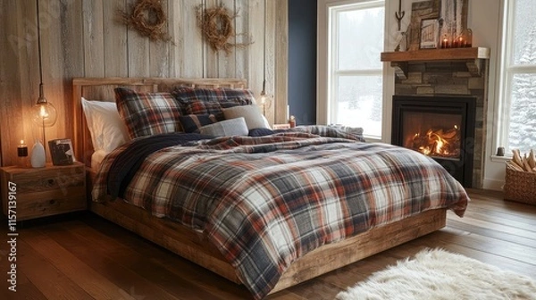 Fototapeta Rustic bedroom featuring a wooden bed frame, cozy plaid bedding, and a fireplace nearby