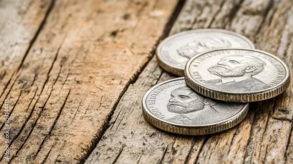 Fototapeta Old Coins on Rustic Wooden Background