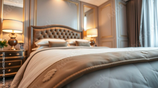 Fototapeta A luxurious bedroom features a plush, tufted brown leather headboard, white bedding with a taupe throw, and two bedside tables with lamps. The room has elegant gold-framed mirrors and drapes.