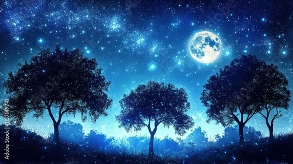 Fototapeta A Magical Night: Trees Under a Starry Sky with a Bright Moon