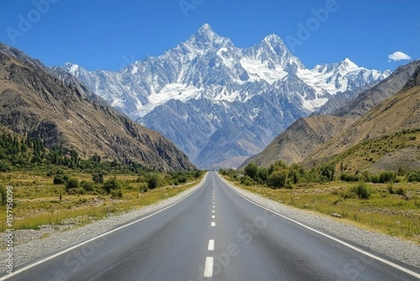Fototapeta Majestic mountain view along a deserted highway in a remote landscape during bright daylight