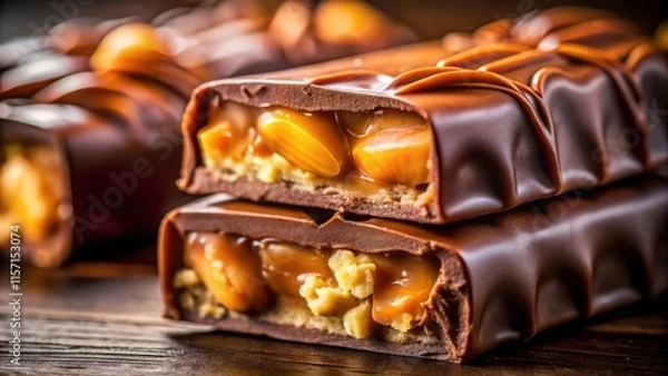 Fototapeta Close-Up Candy Bar Packaging Design: Chocolate, Caramel, Nuts, Wrapper, Branding