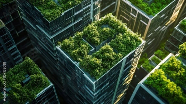 Fototapeta Aerial view of modern skyscrapers topped with lush greenery, blending urban architecture with nature for a sustainable cityscape.
