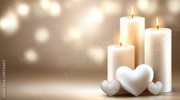 Fototapeta A serene arrangement of white candles and heart-shaped decorations, creating a warm and romantic ambiance with a soft, glowing background.
