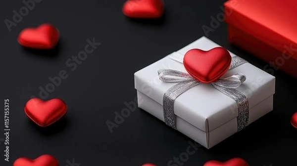 Obraz A beautifully wrapped gift box with a heart-shaped decoration, surrounded by red heart accents on a dark background, perfect for romantic occasions.