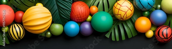 Fototapeta Vibrant Spheres Resting on Lush Tropical Foliage, Displaying Diverse Colors and Textures.