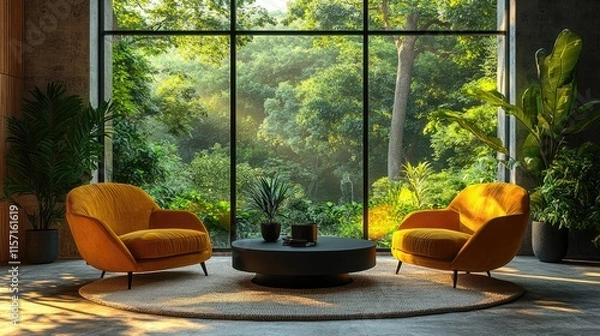 Obraz Modern Living Room with Forest View and Yellow Armchairs