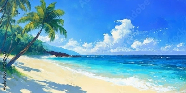 Fototapeta A tropical beach setting featuring a vibrant blue sky above and a clear ocean below creates a picturesque scene of beach paradise.