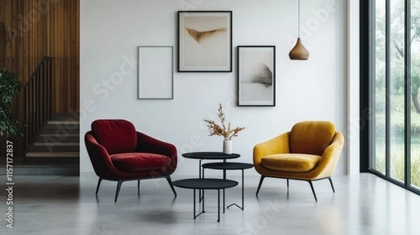 Obraz Modern Living Room with Colorful Armchairs and Abstract Art